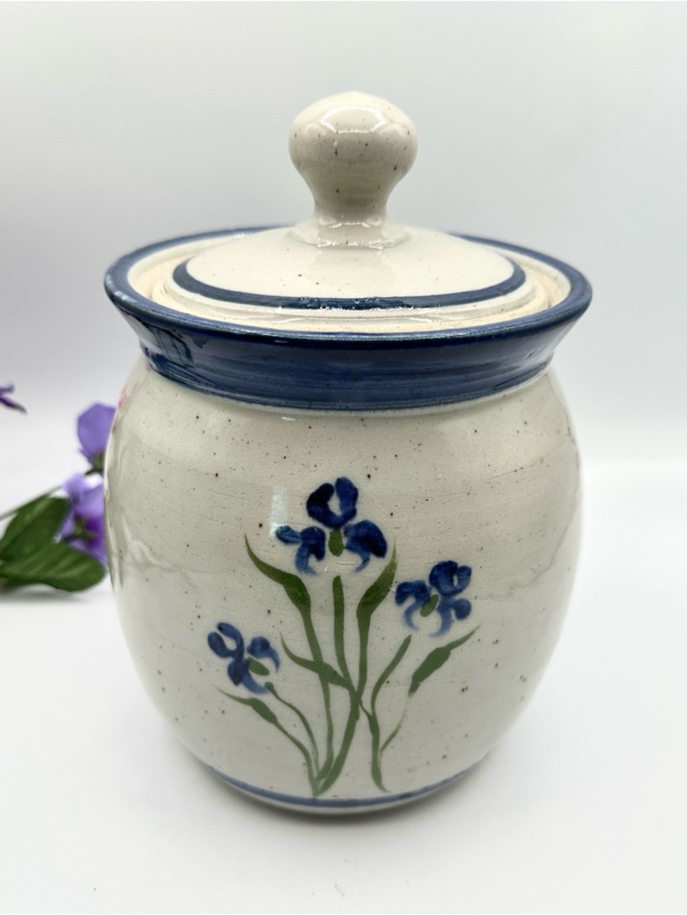 Stoneware Salt Glazed Crock, Lidded. Blue Floral Cookie Canister Pottery.